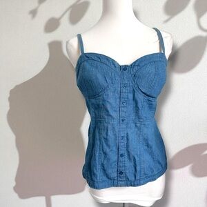 Y2K Blue Notes Denim Bustier Corset Top | Button Front Tank M Cowgirl Prairie